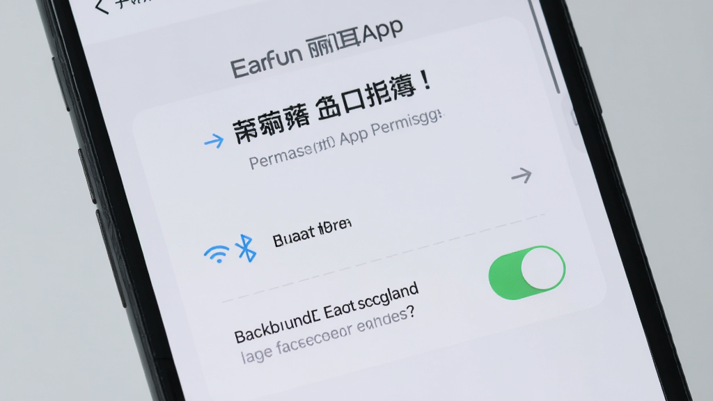 一张展示EarFun丽耳App新手设置界面的图片,手机屏幕上显示着权限开启引导页面,有蓝牙权限和后台运行权限的开关按钮,界面设计简洁友好,有箭头和文字提示用户如何操作。背景是柔和的浅灰色,画质干净,无多余元素。