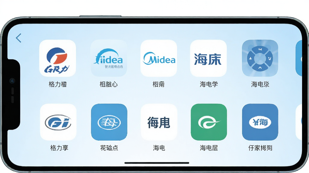 一张展示智能家电遥控器App红外码库选择界面的图片,手机屏幕上显示着空调品牌列表,格力、美的、海尔等品牌图标清晰可见,界面采用网格布局,风格简洁明快,背景为淡蓝色渐变,画质干净清晰,无杂乱元素。