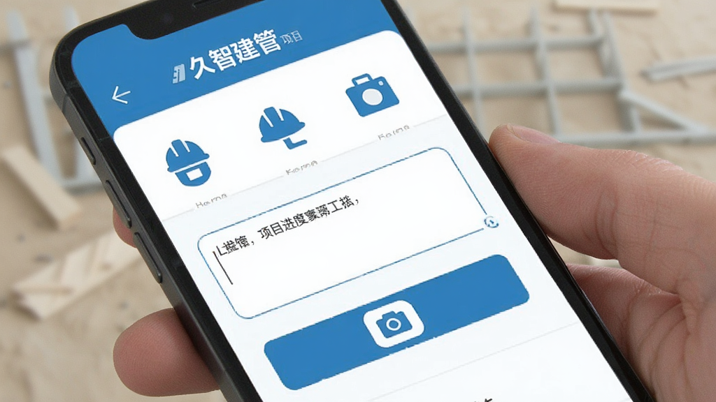 久智建管 项目进度记录界面 手机屏幕显示施工日志 有文字输入框和拍照按钮 界面干净 蓝色主题 扁平化图标 画质清晰