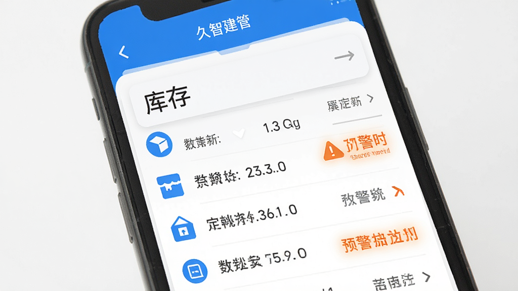 久智建管 材料管理界面 手机屏幕显示库存列表 有数量统计和预警提示 蓝色图标 白色背景 风格简洁 画质干净