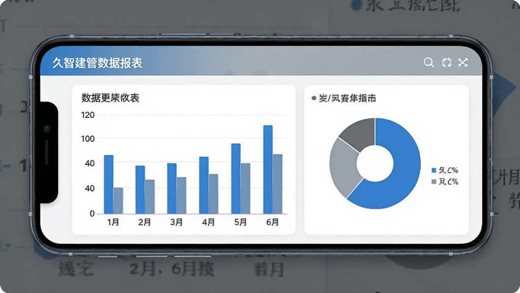 久智建管 数据报表界面 手机屏幕显示柱状图和饼图 数据可视化 蓝色和灰色配色 简洁现代 画质清晰