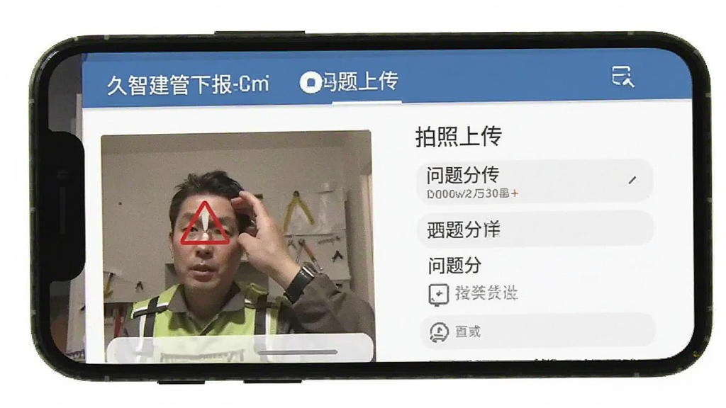 久智建管 问题上报界面 手机屏幕显示拍照上传和问题分类选项 红色警示图标 简洁布局 扁平化设计 画质清晰