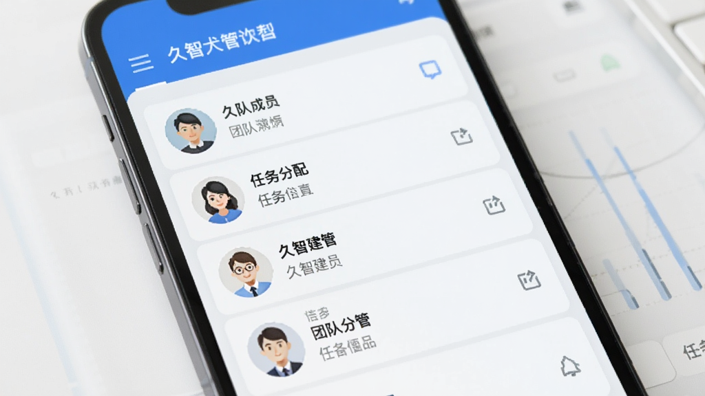 久智建管 多人协作界面 手机屏幕显示团队成员列表和任务分配 头像图标 蓝色主题 简洁布局 画质干净