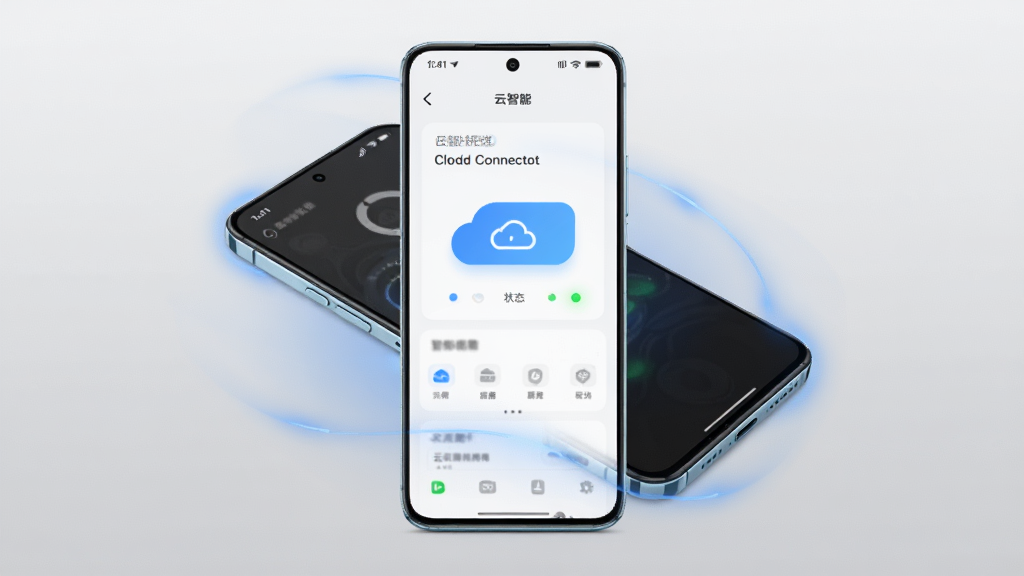 一张展示云智手机核心全貌的图片,画面中央是一部智能手机,手机屏幕上显示着云智手机应用的主界面,界面简洁,有云端连接按钮和状态指示灯,手机周围环绕着淡淡的蓝色光晕,背景是浅灰色渐变,风格现代科技感,细节清晰,画质干净,无多余元素
