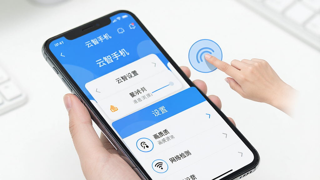 一张展示云智手机使用教程的图片,画面中手机屏幕上显示着云智手机的操作界面,旁边有手指点击的示意动画,界面下方有设置菜单展开,显示画质调节和网络检测选项,风格简洁直观,蓝白配色,细节清晰,无多余元素