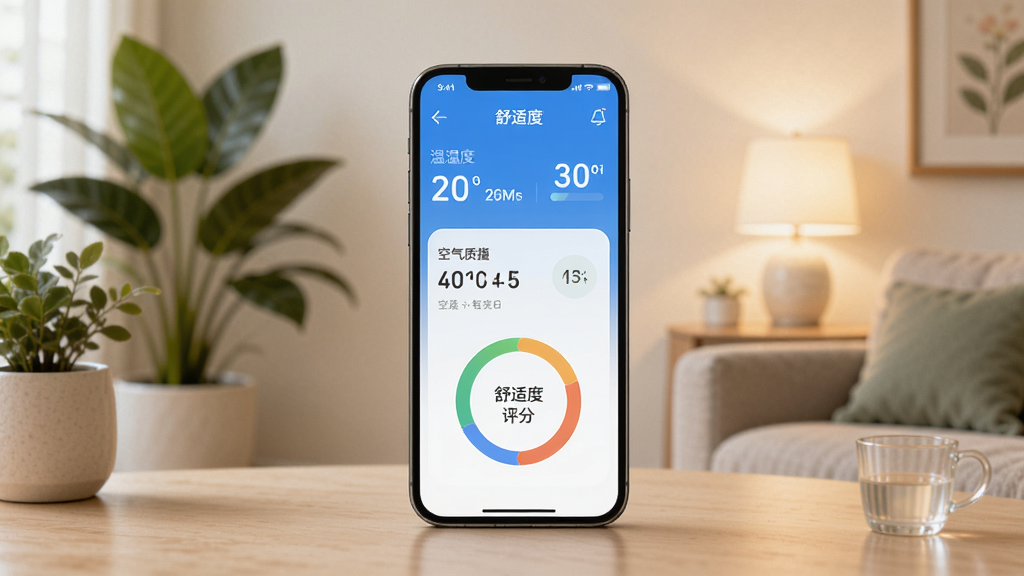 舒适度软件核心全貌展示,画面中央是一部智能手机,手机屏幕上清晰显示舒适度App的主界面,界面包含温湿度数值、空气质量指数和舒适度评分环形图,背景是温馨的居家环境,有绿植和柔和灯光,整体风格现代简约,画质干净明亮,无多余元素