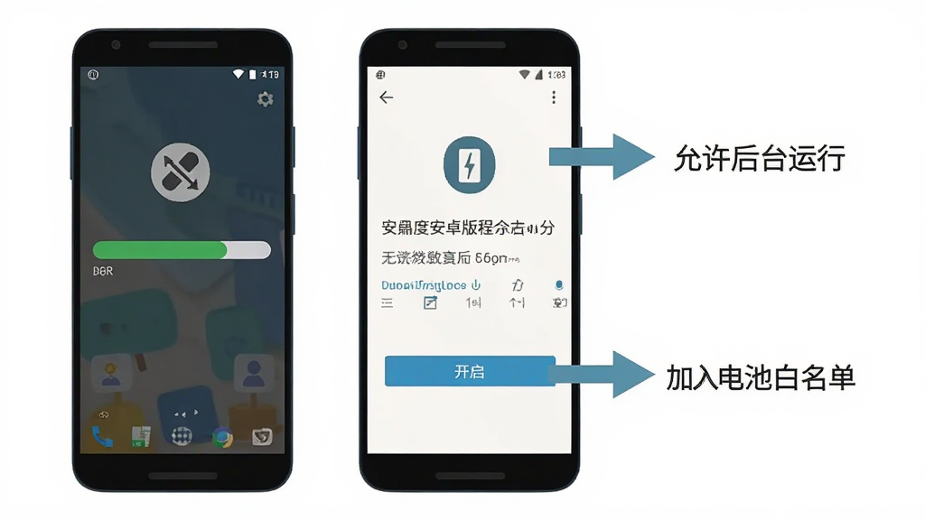 舒适度安卓版安装教程示意图,手机屏幕显示安装进度条和权限开启界面,旁边有箭头标注「允许后台运行」和「加入电池白名单」,画面风格扁平化教学图解,配色清晰易读,画质干净无多余装饰