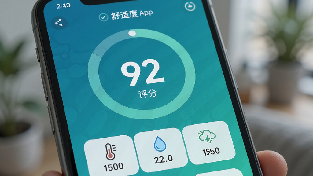 舒适度软件个性化评分界面展示,手机屏幕特写,画面中舒适度App显示一个巨大的环形评分表,分数为92分,下方有温度、湿度、空气质量三个小图标和数值,配色以蓝绿色为主,风格清新科技感,背景虚化处理,画质清晰细腻