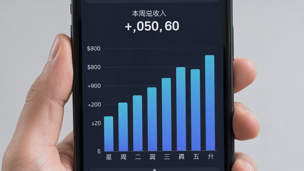 多客来 数据统计页面 手机屏幕显示柱状图 横轴是星期一到星期日 纵轴是订单金额 柱子是渐变的蓝色 顶部有本周总收入数字 界面风格现代扁平 画质清晰 无多余装饰