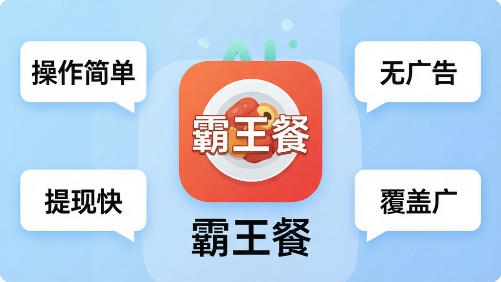 一张信息图表风格的AI图片,画面中央是“霸王餐”App图标,周围环绕着四个带文字的气泡框,分别写着“操作简单”“无广告”“提现快”“覆盖广”,背景是浅蓝色渐变,布局对称,风格现代扁平,细节清晰,画质干净,文字“霸王餐”在图标下方,无多余元素