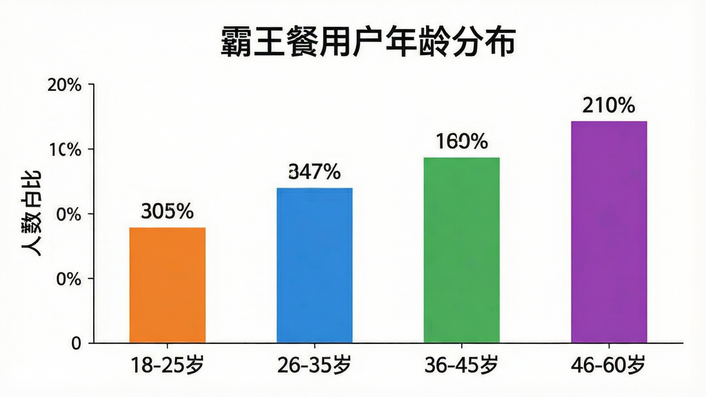 一张柱状图AI图片,标题为“霸王餐用户年龄分布”,横轴是年龄段“18-25岁”“26-35岁”“36-45岁”“46-60岁”,纵轴是人数占比,柱子颜色分别为橙色、蓝色、绿色、紫色,柱子上方标注百分比数字,背景白色,风格简洁数据可视化,文字“霸王餐”在图表上方,画质干净无多余元素