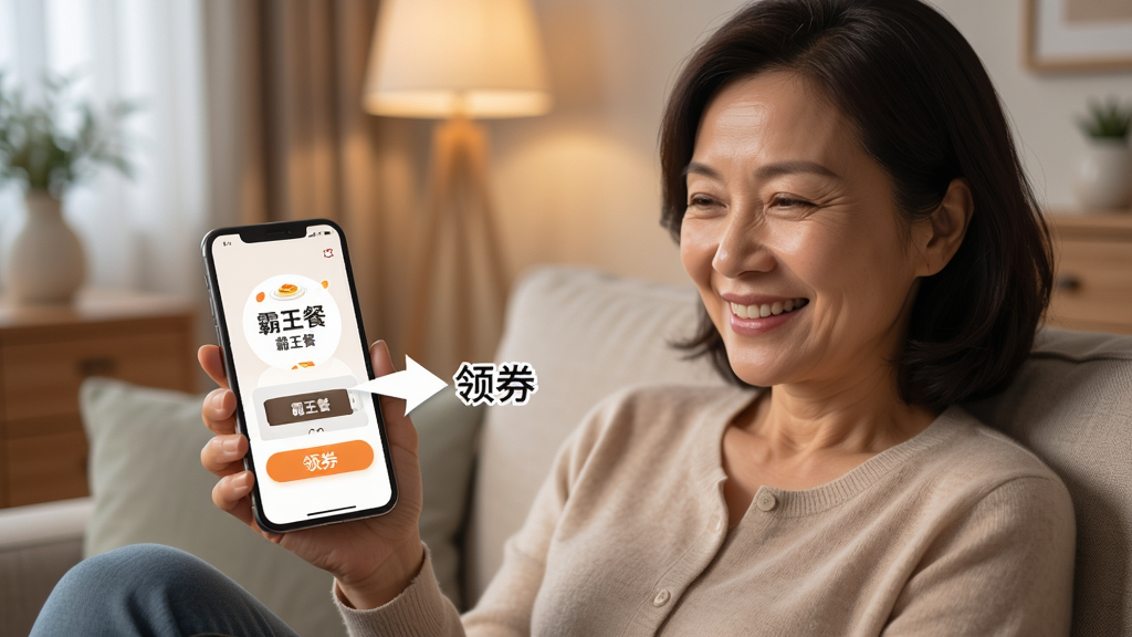 一张AI生成的场景图,一位中年女性坐在沙发上笑着看手机,手机屏幕上是“霸王餐”App的简洁界面,旁边有一个箭头指向“领券”按钮,背景是温馨的家居环境,风格写实偏暖色调,细节清晰,画质干净,文字“霸王餐”在手机屏幕上可见,无多余元素