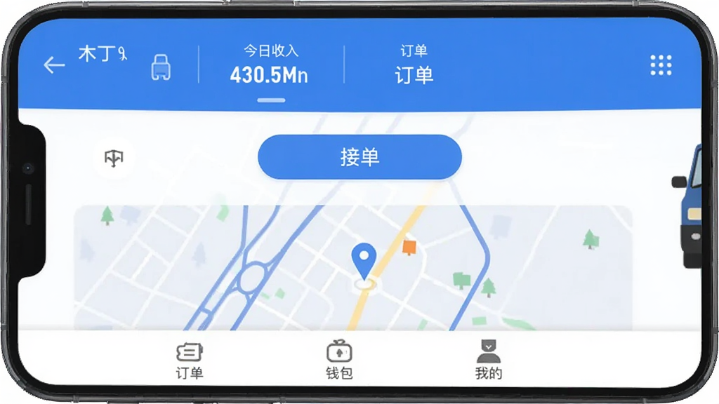 木丁出行司机端 手机应用主界面展示 蓝色和白色为主色调 顶部显示今日收入和订单数量 中间是接单按钮和地图定位 底部有订单、钱包、我的三个标签 扁平化设计风格 界面干净整洁 画质清晰 无多余元素