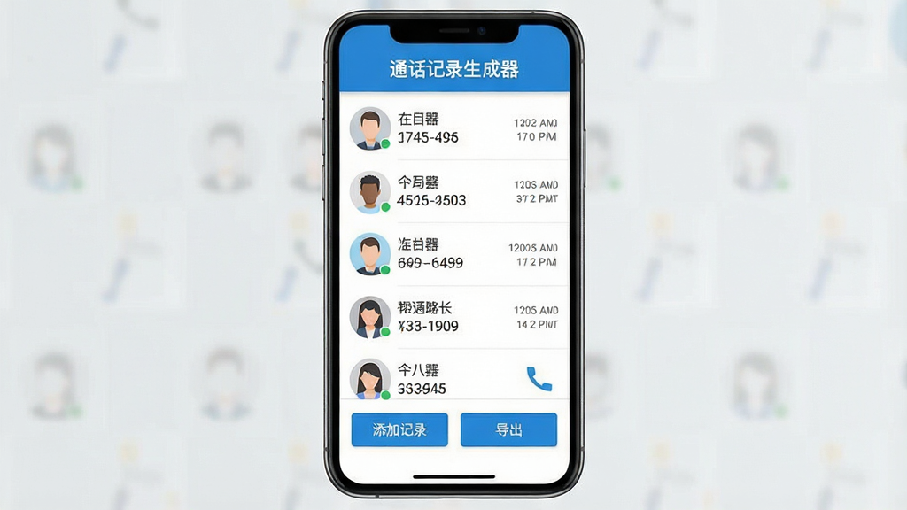 一张手机应用界面截图,画面中央展示通话记录生成器的主界面,顶部标题栏写着“通话记录生成器”,中间是通话记录列表,包含联系人头像、姓名、电话号码和通话时间,底部有添加记录和导出两个按钮,整体配色以蓝白为主,风格简洁现代扁平化,画质干净清晰,无多余元素