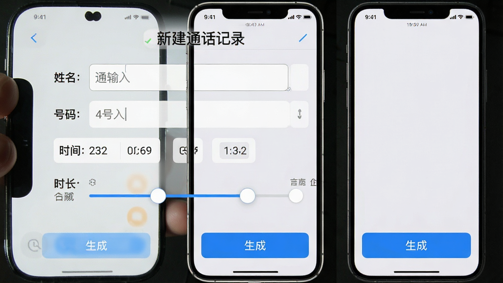 一张手机屏幕截图,画面展示通话记录生成器的编辑界面,顶部写着“新建通话记录”,下方依次排列姓名输入框、号码输入框、时间选择器和时长滑块,屏幕底部有一个蓝色的“生成”按钮,背景为浅灰色,界面风格清爽简洁,画质干净无多余元素
