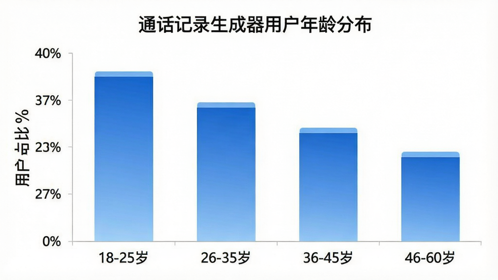 一张柱状图,横轴标注年龄段“18-25岁”“26-35岁”“36-45岁”“46-60岁”,纵轴标注用户占比百分比,柱状条颜色为蓝色渐变,图表标题为“通话记录生成器用户年龄分布”,背景白色,风格简洁商务,画质干净清晰