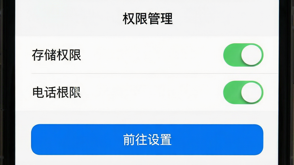 一张手机屏幕截图,画面展示通话记录生成器的权限设置界面,顶部写着“权限管理”,下方列表显示存储权限和电话权限的开关按钮,底部有“前往设置”的蓝色按钮,背景为白色,风格简洁清晰,画质干净无多余元素