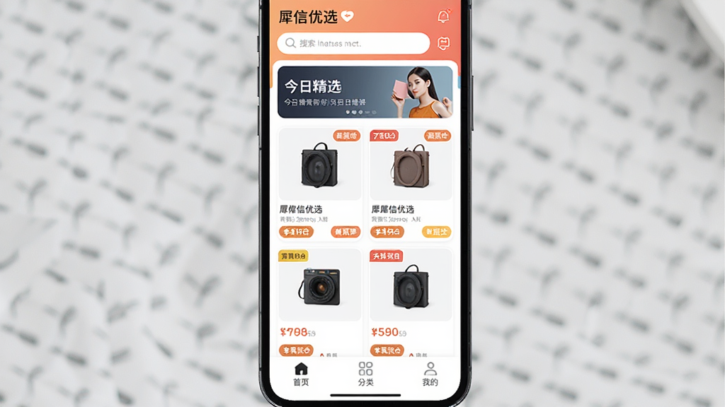 һ���ֻ���Ļչʾ������ѡApp�Ľ��棬�����ǡ�Ϭ����ѡ��App��ҳ�����ֶ������������ͽ��վ�ѡ������м���������Ʒ��Ƭ����ÿ�ſ�Ƭ����Ʒͼ���۸���Żݱ�ǩ���ײ�����ҳ�����ࡢ�ҵ���������ͼ�꣬����ִ���ƽ����ϸ��Բ�󣬻��ʸɾ��������޶���Ԫ��