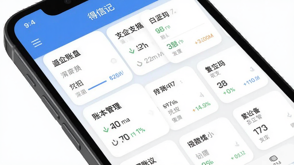 得信记多账本管理界面,主体是手机屏幕展示多个账本卡片排列,每个卡片标注不同账本名称和收支概况,布局规整,排版清晰,风格为卡片式设计,细节干净,画质清晰,无多余元素