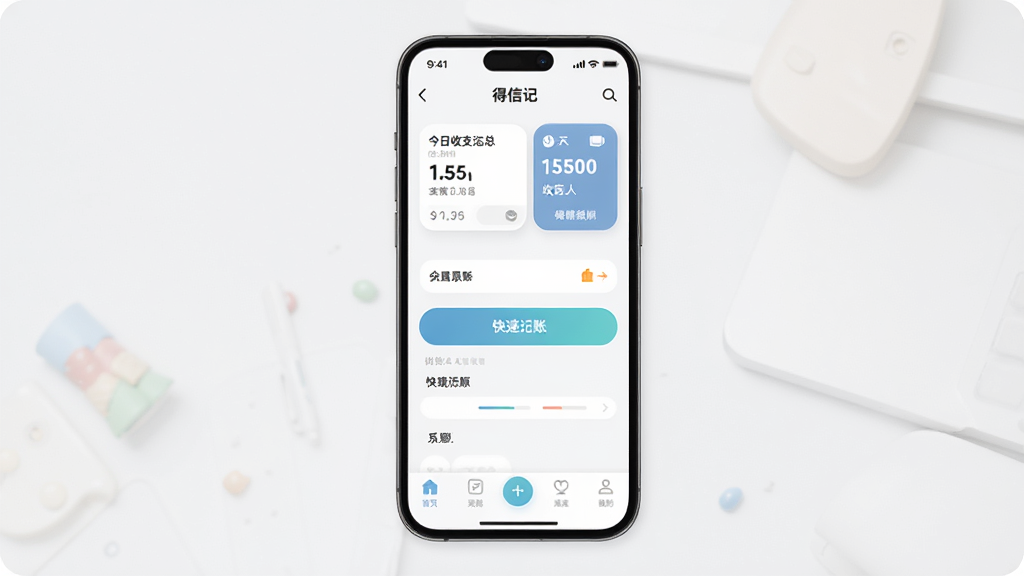 得信记软件主界面全貌展示,主体是一个简洁的手机屏幕,屏幕中显示得信记的记账主页面,布局包含今日收支汇总卡片、快速记账按钮、底部导航栏,排版清晰,风格为现代扁平化设计,细节圆润,画质干净,无多余元素