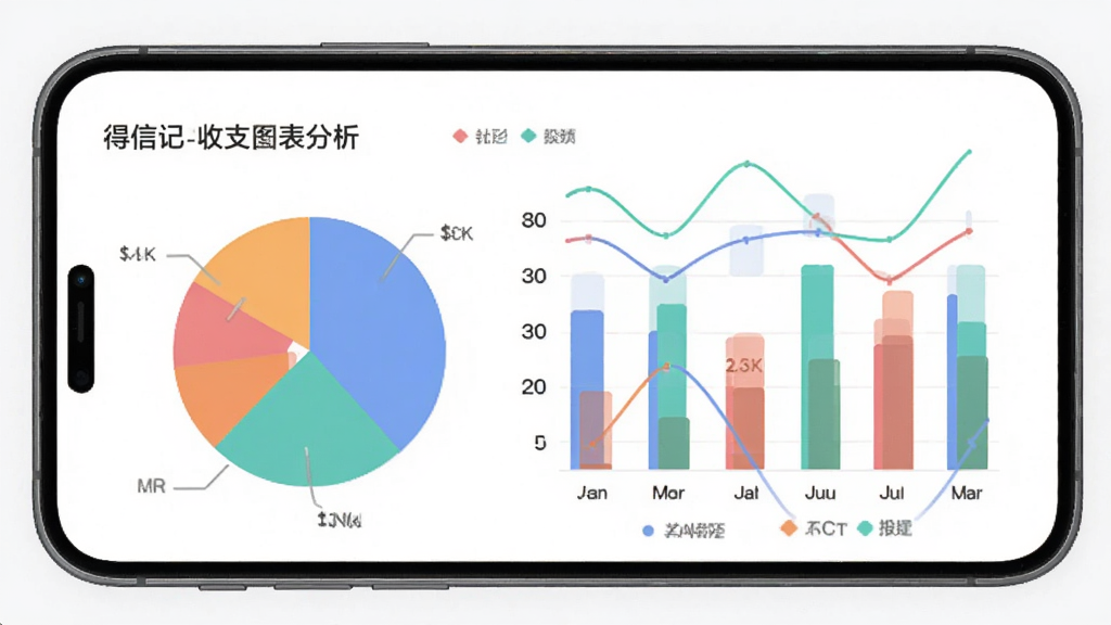 得信记收支图表分析界面,主体是手机屏幕显示饼状图和柱状图,图表颜色区分不同消费类别,界面布局清晰,排版合理,风格为数据可视化设计,细节圆润,画质干净,无多余元素