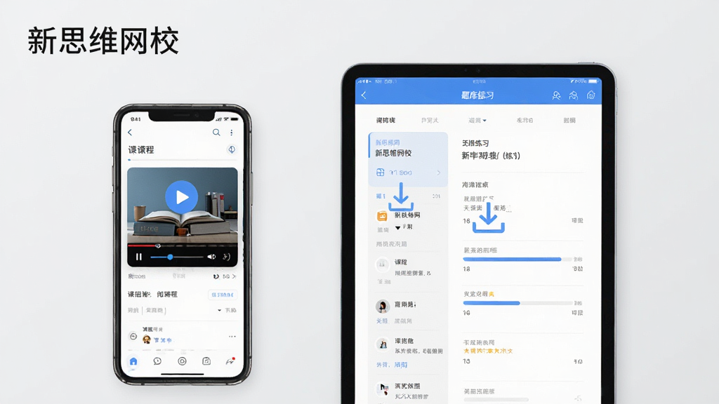 手机和平板并排展示在线学习界面,左侧手机显示课程播放页,右侧平板显示题库练习页,画面中有下载箭头和进度条图标,背景为浅灰色,风格简洁现代,文字标注“新思维网校”,画质清晰干净