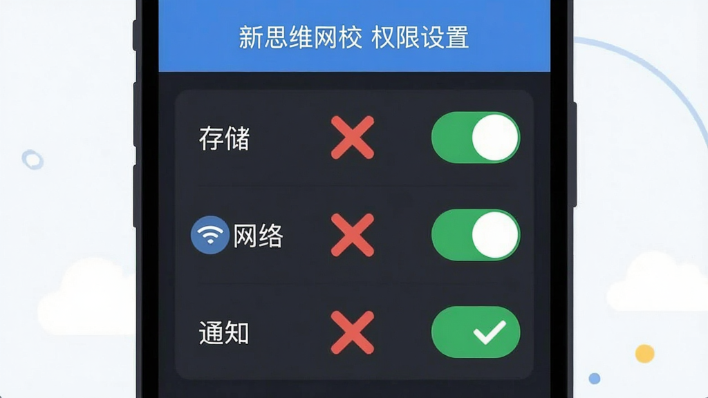 手机设置界面截图风格插画,画面展示权限管理页面,有“存储”“网络”“通知”等开关图标,旁边有红色叉号和绿色对勾标记,风格简洁扁平,文字标注“新思维网校 权限设置”,画质干净清晰