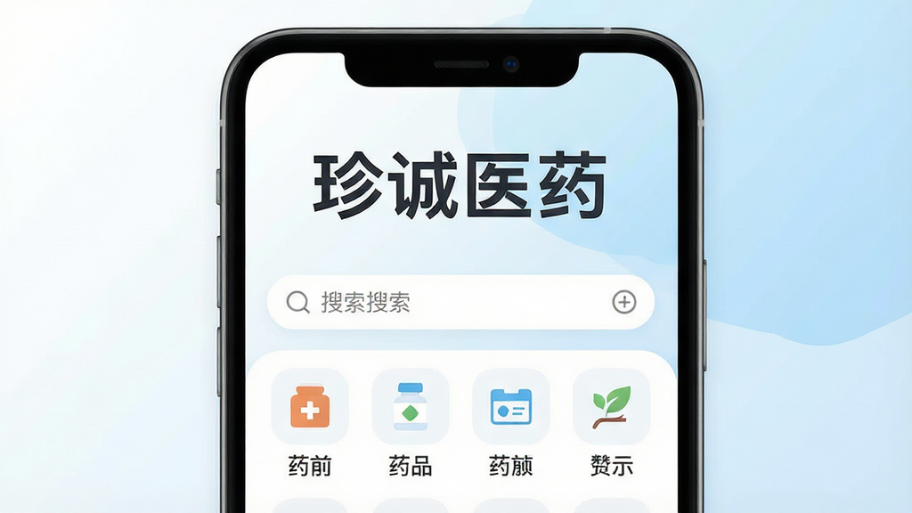 一张展示“珍诚医药”APP核心界面的手机屏幕截图,画面中央是手机屏幕,屏幕内显示“珍诚医药”四个大字作为APP标题,下方是搜索框和药品分类图标,背景为干净的白色和浅蓝色渐变,整体布局简洁清晰,风格现代扁平化,细节圆润,画质干净无多余元素,文字清晰可辨。