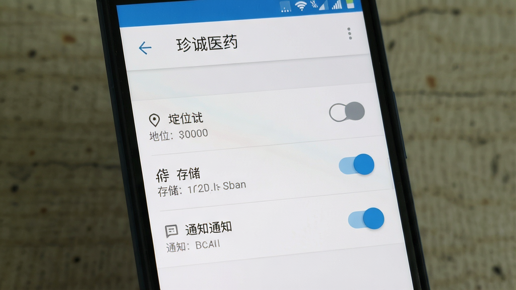 一张展示“珍诚医药”APP安装权限设置界面的手机截图,画面中手机屏幕显示安卓系统的权限管理页面,包含定位、存储和通知权限开关,界面风格为原生安卓设置风格,布局清晰,画质干净无多余元素。