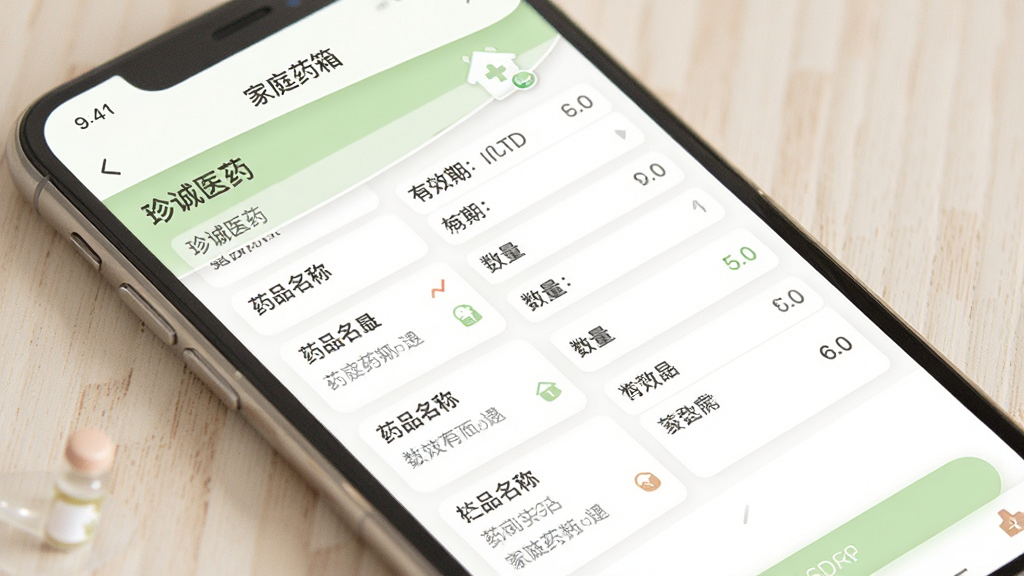 一张展示“珍诚医药”APP家庭药箱管理功能的手机界面图,画面中手机屏幕显示药箱列表,包含药品名称、有效期和数量,界面顶部有“家庭药箱”标题,布局清晰,风格温馨简洁,主色调为白色和浅绿色,画质干净无多余元素。