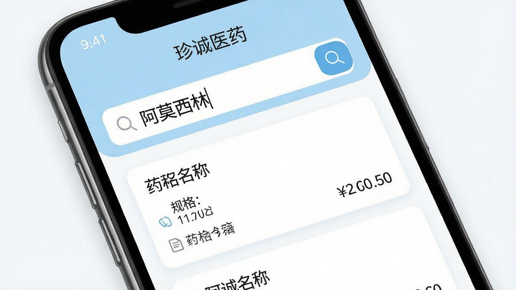 一张展示“珍诚医药”APP药品查询功能的手机界面图,画面中手机屏幕显示搜索框内输入了“阿莫西林”字样,下方列出药品卡片,包含药品名称、规格和价格信息,整体布局清晰,风格简洁现代,主色调为白色和淡蓝色,画质干净无多余元素。