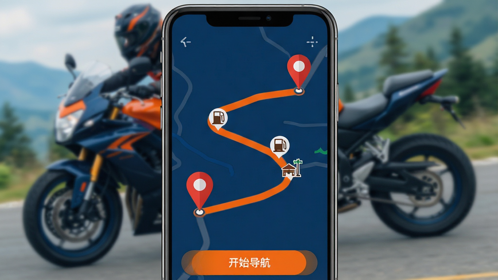 一张展示摩托路线宝App核心界面的手机样机图,画面中央是手机屏幕,屏幕上显示一条蜿蜒的山路地图路线,起点和终点用醒目的红色图钉标注,路线沿途有加油站和观景台的图标,屏幕底部有“开始导航”按钮,背景是模糊的摩托车骑行场景,整体风格为扁平化科技感,色调以深蓝和亮橙为主,细节干净清晰,画质高清,无多余元素