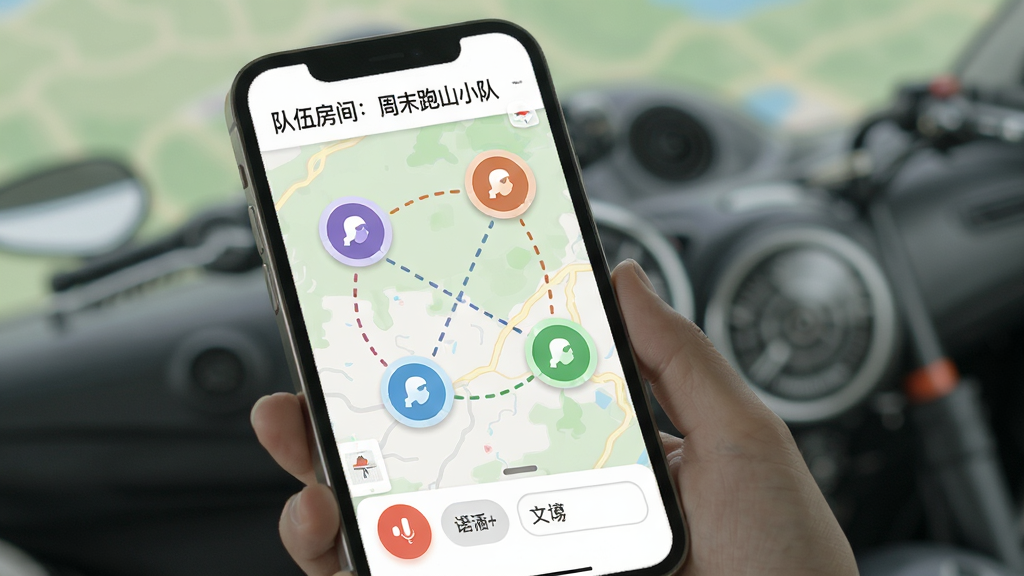 摩托路线宝组队骑行功能示意图,画面显示一部手机屏幕,地图上有四个不同颜色的头像图标代表四位骑手,彼此之间有虚线连接,屏幕上方显示“队伍房间:周末跑山小队”,下方有语音对讲按钮和文字聊天入口,背景是浅色地图,风格清新直观,细节圆润,画质清晰,无多余元素