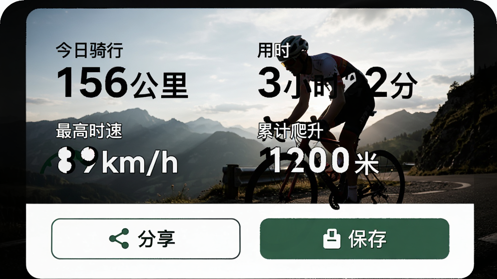 摩托路线宝生成的骑行数据分享卡片,卡片上显示“今日骑行 156公里”“用时 3小时22分”“最高时速 89km/h”“累计爬升 1200米”等数据,背景是一张山路骑行的剪影照片,卡片下方有分享按钮和保存按钮,整体设计像运动海报,风格酷炫,文字清晰,画质高清,无多余元素