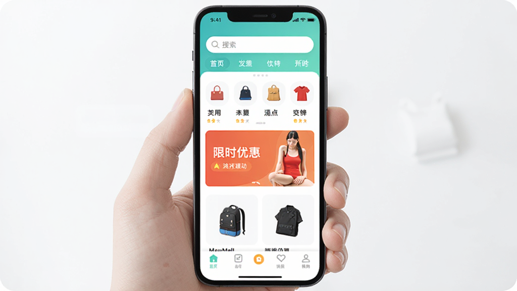 手机屏幕展示MeuMall购物商城首页,界面简洁明亮,顶部是搜索栏,中间是商品分类图标和限时优惠横幅,底部是导航栏,整体风格清新现代,画质干净,无多余元素