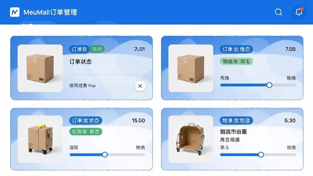 MeuMall订单管理页面,显示多个订单卡片,每个卡片有商品缩略图、订单状态标签和物流进度条,配色以蓝白为主,界面清爽,文字清晰可读
