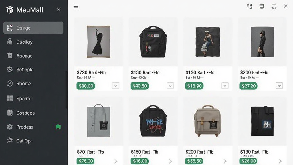 MeuMall商品分类界面,左侧是垂直分类导航,右侧是商品网格展示,每件商品配有清晰图片和价格标签,界面布局整齐,风格扁平化,画质干净无杂乱元素