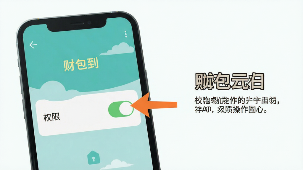 财神到 操作步骤示意图 手机屏幕显示设置界面 箭头指向权限开关 旁边有文字说明 风格扁平化 配色清爽 画质干净 无多余元素