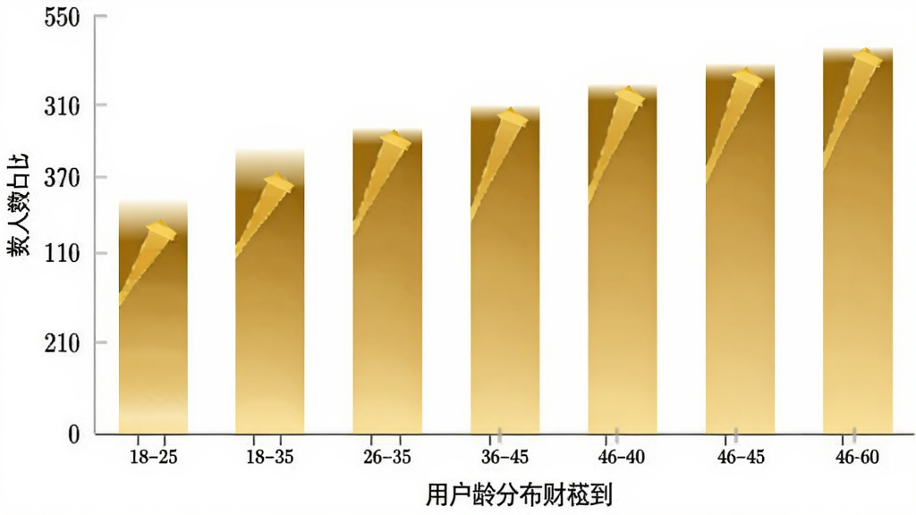 财神到 用户年龄分布柱状图 横轴为年龄段18-25 26-35 36-45 46-60 纵轴为人数占比 柱状颜色为金色渐变 背景白色 图表清晰 文字标注明确 画质干净 无多余元素