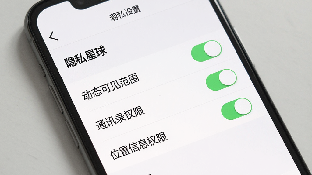 一张展示“潮星球”APP隐私设置界面的图片,主体为手机屏幕,屏幕上显示“隐私设置”页面,包含“动态可见范围”、“通讯录权限”、“位置信息权限”等选项开关,布局为列表式,排版规整,风格为简约实用风,细节上开关按钮有清晰的开启和关闭状态,画质干净,无多余元素