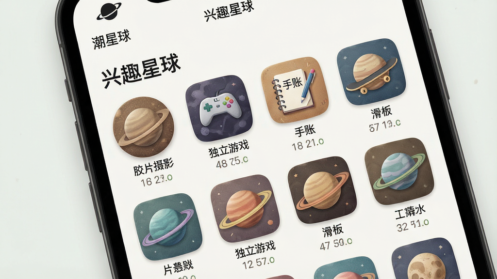 一张展示“潮星球”APP内“兴趣星球”列表的图片,主体为手机屏幕,屏幕上显示多个圆形或方形的星球图标,每个图标代表一个兴趣圈子,如“胶片摄影”、“独立游戏”、“手账”、“滑板”等,图标下方有星球名称和成员数量,布局为网格状,排版整齐,风格为清新文艺风,细节上图标有微质感,背景为浅色,画质干净,无多余元素