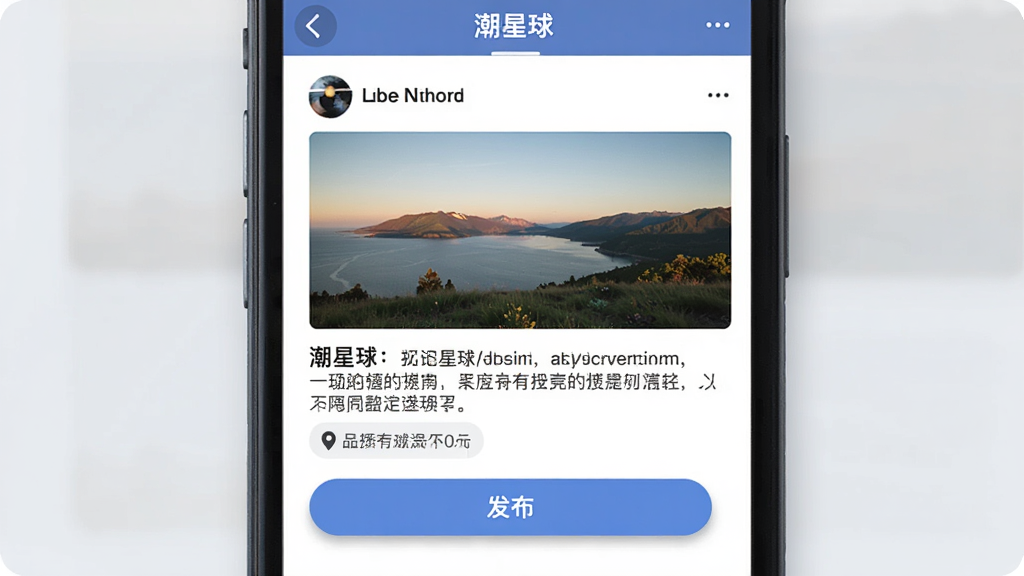 一张展示“潮星球”APP动态发布界面的图片,主体为手机屏幕,屏幕上显示一个正在编辑的动态,包含一张风景照片、一段文字描述和一个位置标签,下方有“发布”按钮,布局为上下结构,排版简洁,风格为社交应用常见风格,细节上按钮有轻微阴影,画质干净,无多余元素