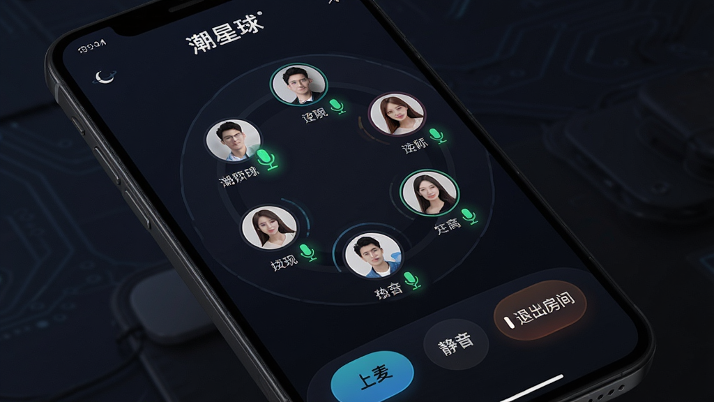一张展示“潮星球”APP语音连麦房间界面的图片,主体为手机屏幕,屏幕上显示一个语音房间,中间有多个用户头像围成一圈,每个头像下方有昵称和麦克风状态图标,底部有“上麦”、“静音”、“退出房间”等按钮,布局为环形结构,排版清晰,风格为科技感暗色调,细节上麦克风图标有发光效果,画质干净,无多余元素