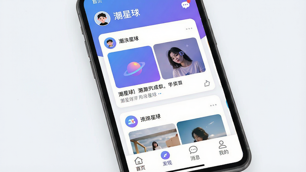 一张展示“潮星球”社交软件核心界面的图片,主体为手机屏幕,屏幕内显示“潮星球”APP的发现页,顶部有个人头像和消息图标,中间是瀑布流式的用户动态卡片,包含图片和文字,底部导航栏有“首页”、“发现”、“消息”、“我的”四个图标,布局清晰,排版现代,风格为年轻化、扁平化设计,细节上图标圆润,色彩以蓝紫色渐变为主,画质干净,无多余元素