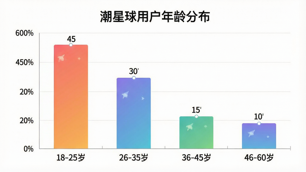 一张展示“潮星球”用户年龄分布柱状图的图片,主体为图表,图表标题为“潮星球用户年龄分布”,横轴为年龄段“18-25岁”、“26-35岁”、“36-45岁”、“46-60岁”,纵轴为占比百分比,柱状图显示18-25岁占比最高,约为45%,26-35岁占比30%,36-45岁占比15%,46-60岁占比10%,布局为居中显示,排版清晰,风格为扁平化数据可视化,细节上柱子颜色为渐变色,画质干净,无多余元素