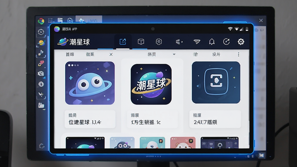 一张展示“潮星球”APP在安卓模拟器上运行的图片,主体为电脑屏幕,屏幕上显示一个安卓模拟器窗口,窗口内运行着“潮星球”APP的首页,布局为居中显示,排版简洁,风格为科技感,细节上模拟器边框有蓝色光效,画质干净,无多余元素