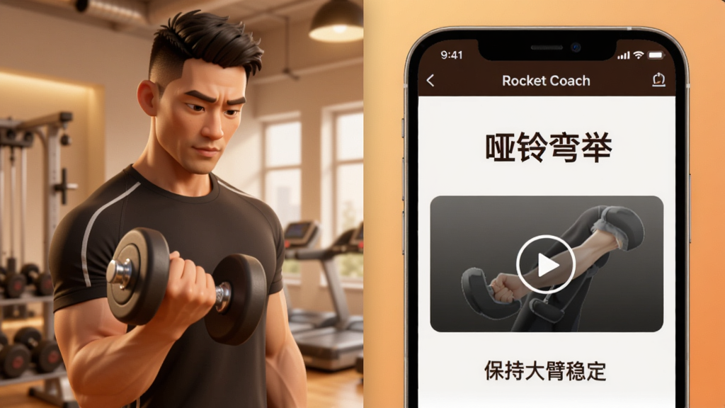 一张健身动作演示的合成图片,画面分为左右两部分,左边是一个真人教练正在做哑铃弯举动作,右边是手机屏幕特写,屏幕上显示
