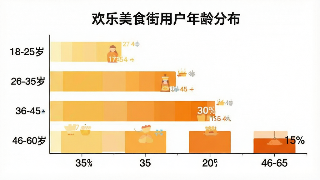 一张横向柱状图,标题为“欢乐美食街用户年龄分布”,纵轴显示年龄段18-25岁、26-35岁、36-45岁、46-60岁,横轴显示人数占比分别为35%、30%、20%、15%,柱子颜色为从浅黄到深橙的渐变色,背景为白色,图表风格简洁扁平,文字标签清晰,画质干净无多余元素