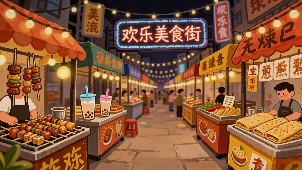 画面中央是一条热闹的夜市美食街,街道两侧摆满了各种小吃摊位,有卖烤串的、卖奶茶的、卖煎饼果子的,摊位上方挂着暖黄色的灯串,远处有一块醒目的霓虹灯招牌写着“欢乐美食街”,画面采用卡通手绘风格,色彩鲜艳温暖,细节丰富,画质干净清晰,无多余元素