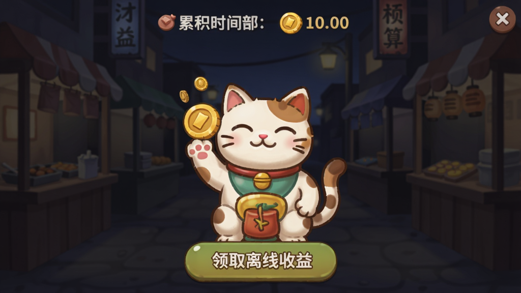 卡通风格的游戏挂机收益结算界面,画面中央是一只举着金币的招财猫,背景是深夜安静的美食街,摊位上的灯已经调暗,画面下方有一个“领取离线收益”的按钮,上方显示累积时间和金币数量,整体色调柔和偏暗,布局居中,画质干净无多余元素